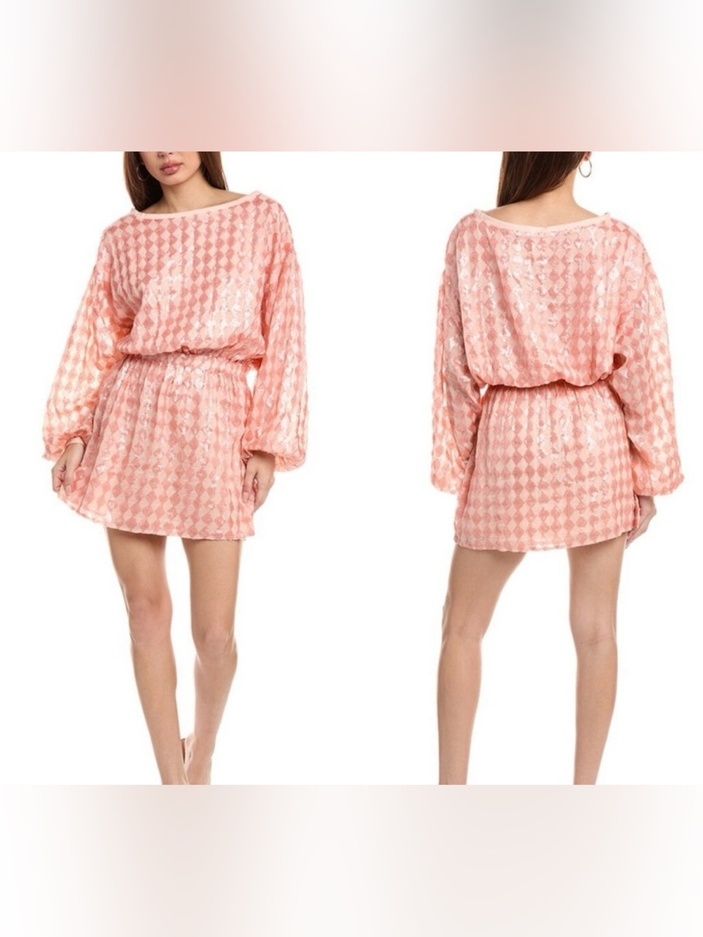 Chaser NWT Peach long sleeve embellished checked sequin mini dress M